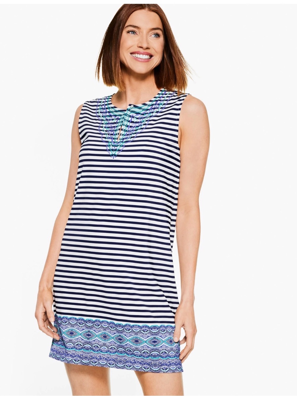 Talbots Navy and White Striped Sleeveless Cover-Up with Blue Embroidery
